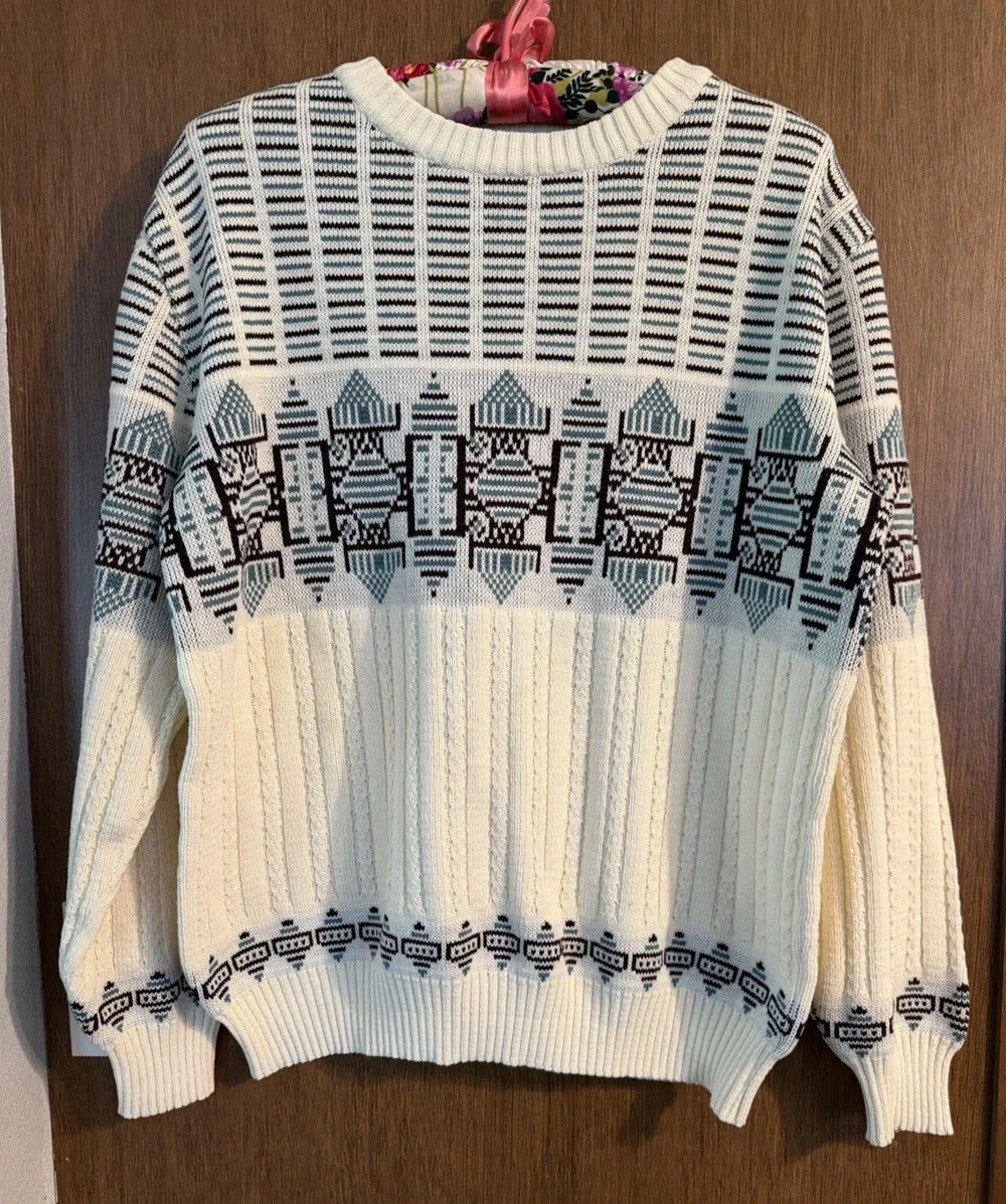 Vintage Rob Winter Fair Isle Sweater Skiing Ski Lodge Brown Teal Cream Men Sz L